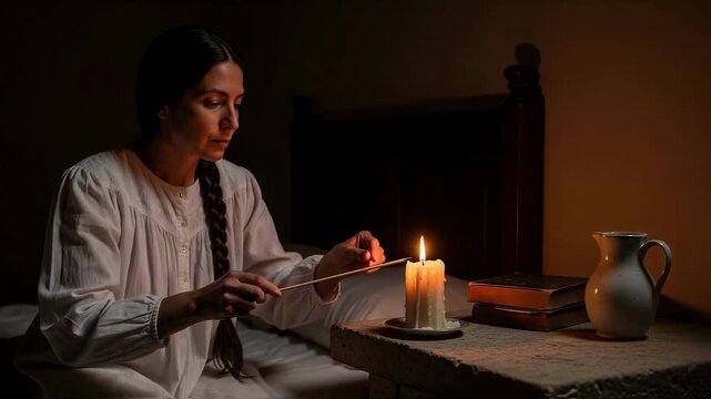A woman in a historical nightgown lights a candle with a long match in a dark, old-fashioned room, an atmospheric scene depicting life before the era of electricity