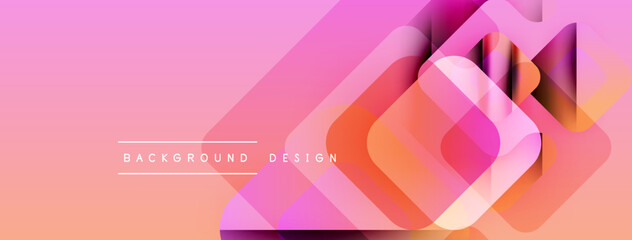 Abstract geometric shapes overlap, creating vibrant pink, orange gradient. Text reads background design centered within composition. Modern aesthetic.