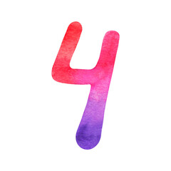 Illustration of the number 4. Colorful watercolor four on a transparent background.