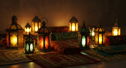 Enchanting Islamic Lanterns and Prayer Rugs casting a warm, colorful glow, creating a serene ambiance for Ramadan, Eid al-Fitr, or spiritual reflection