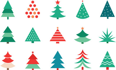 Collection of stylized christmas trees in various designs and colors
