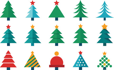 Collection of colorful flat design christmas trees with stars