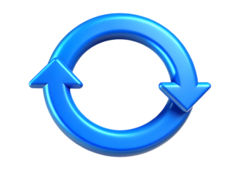 Blue circular arrows 3d render for cycle or refresh concept on transparent background