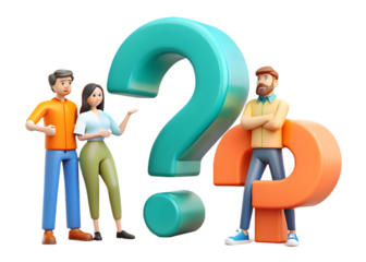 Cartoon people with question marks 3d render illustration on transparent background
