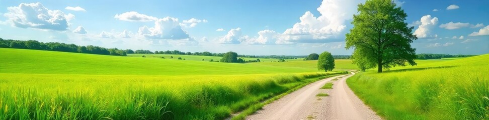 Serene country lane winding through lush green fields under a bright summer sky, perfect for idyllic backgrounds , background, rural