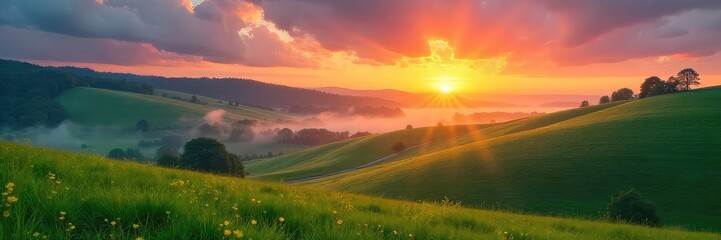 Serene Dawn Landscape Rolling Green Hills and Misty Fields Embrace a Vibrant Sunrise, Creating a Picturesque Rural Scene Perfect for Travel and Nature Photography