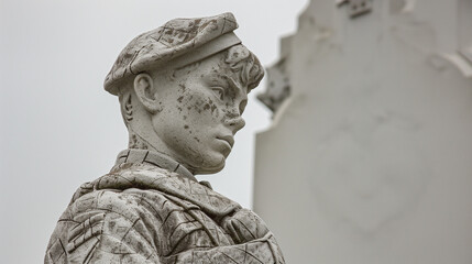 War memorial in Fort William, Scotland. Fort William, Scotland - June 11, 2012: Closeup of white stone war memorial statue on The Parade against gray sky. Shows young soldier in kilt contemplating, Du