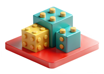 Colorful toy blocks stacked on a red platform 3d render on transparent background