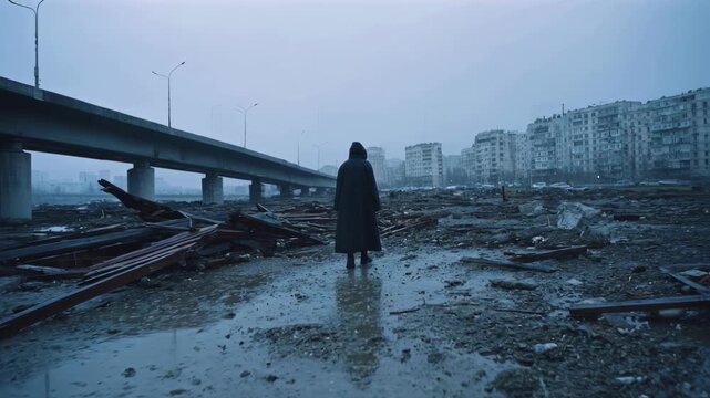 A lone figure in a dark hooded cloak stands amidst the ruins of a destroyed city, a post-apocalyptic scene evoking themes of survival, desolation, dystopia and environmental crisis