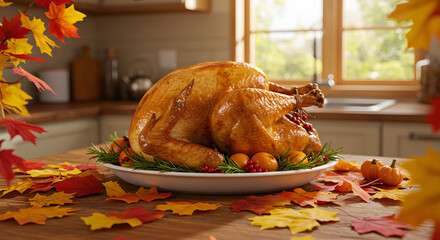 Golden Roasted Thanksgiving Turkey on Wooden Table with Autumn Decor