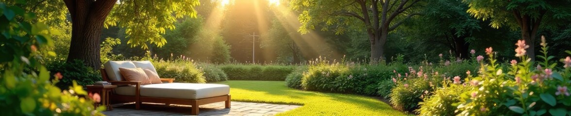 Obraz premium Serene view of a sunlit garden with comfortable seating, perfect for relaxation and contemplation Ideal for concepts of peace, tranquility, and natural beauty , flowers, outside, peaceful