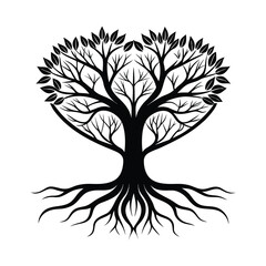 Intricate black silhouette of a heart shaped tree with exposed roots