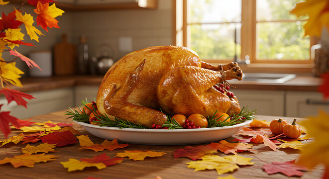 Golden Roasted Thanksgiving Turkey on Wooden Table with Autumn Decor