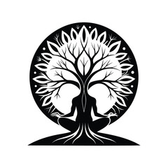 Mystical tree of life humanoid silhouette embracing cosmic circle