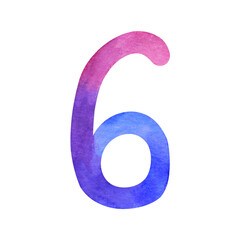 Illustration of the number 6. Colorful watercolor six on a transparent background.