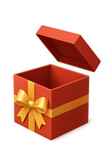 Gift box wrapped in bright red with a yellow ribbon and bow on a white background