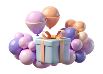 Pastel gift box with balloons for birthday celebration 3d render on transparent background