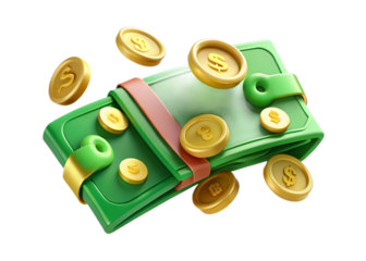 Green wallet with dollar coins floating around it 3d illustration on transparent background