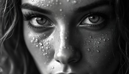 Fototapeta premium Close-up monochrome portrait woman with water drops on face. Beautiful female with wet skin. Dramatic lighting, intense expression. Elegant, sensual portrait. Gritty, raw photo, high contrast.