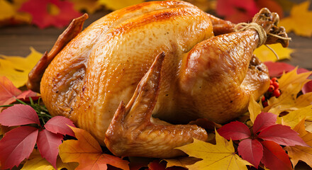Golden Roasted Thanksgiving Turkey with Vibrant Autumn Leaves and Berries