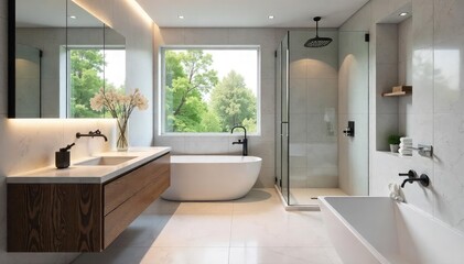 Sleek, minimalist bathroom design featuring a floating vanity, large format tiles, and a frameless glass shower enclosure Perfect for modern home inspiration , recessed lighting, interior design