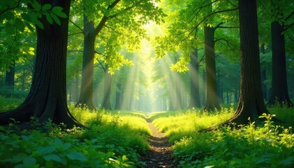 Obraz premium Sun-drenched forest scene, lush green canopy overhead, dappled sunlight on forest floor, vibrant summer foliage, tranquil nature scene , green, bright, tranquil