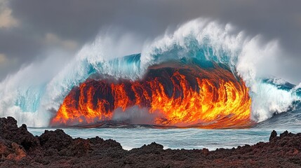 A breathtaking view of a fiery lava wave crashing into the ocean near the shore