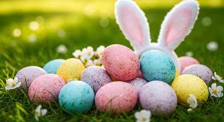 Vibrant Easter Eggs with Glitter and Bunny Ears on Lush Green Grass, Bathed in Sunny Spring Bokeh.
