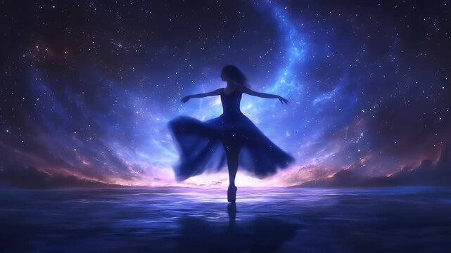 Silhouette of a Dancer Against a Cosmic Night Sky