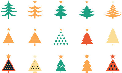 Collection of stylized christmas trees with stars on dark blue background
