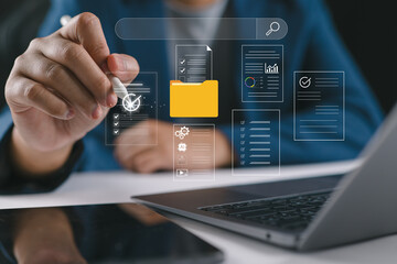 Uploading documents from folder. Open File folder with flying blank documents. Data transfer backup, File Sharing, Document Transferring concept.