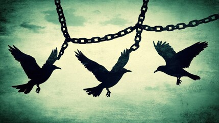 Symbolic illustration depicting freedom and breaking free from constraints showing birds breaking
