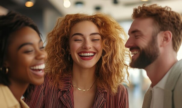 Happy multiracial colleagues laughing and socializing together in the office, showcasing a positive and inclusive culture that fosters collaboration and mutual respect in a diverse, Generative AI