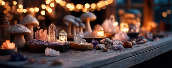 Enchanting birthday theme party decor with crystals and gifts in a cozy setting illuminated by soft lights