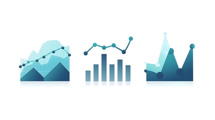 Set of three blue charts and graphs isolated on white background for business data analysis and financial reports