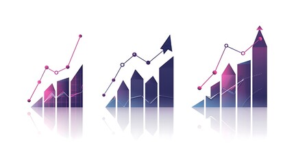 Set of abstract graphs and charts with reflections, representing business trends, market analysis isolated on white background