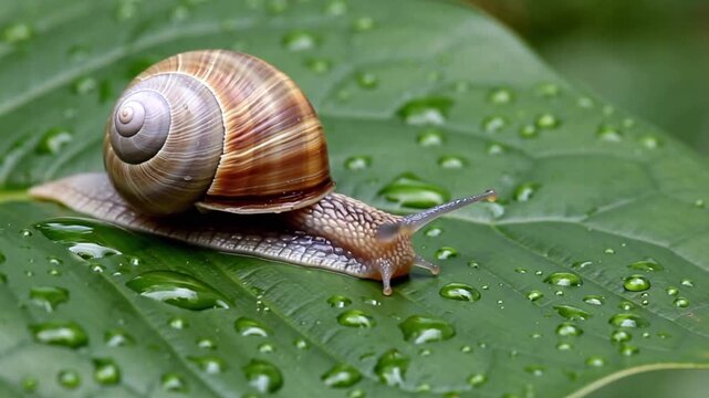 Close-up of a snail with a textured shell on a green leaf covered in water droplets