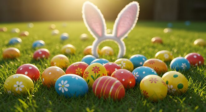 Vibrant Easter Eggs and Bunny Ears in Sunny Green Grass with Bokeh Background