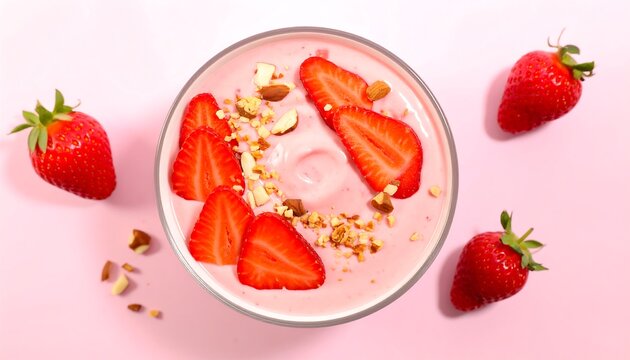 Pink yogurt parfait topped with fresh strawberries and almonds