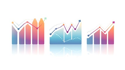Collection of three different colorful business charts and graphs with reflection isolated on white background