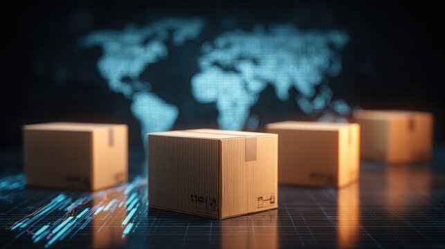 A futuristic scene featuring cardboard boxes in front of a digital world map, representing logistics, shipping, and global trade.