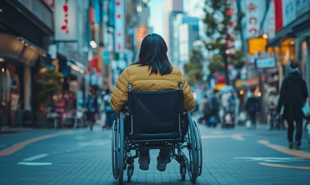 Inclusive image of a disabled homosexual man in a wheelchair, wearing a rainbow pride flag. This image highlights LGBTQ+ disability inclusion during Pride celebrations and street, Generative AI - Powered by Adobe