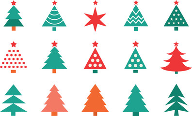 Collection of stylized christmas trees and a star in festive colors