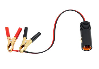 Automotive cigarette lighter adapter with alligator battery clamps isolated PNG with Transparent Background