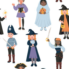 Halloween children seamless pattern. Cute cartoon children wear different party costumes, witch, ghost, pirate. Funny vector background