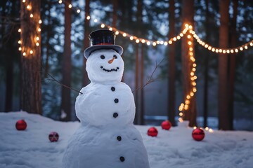 Obraz premium A cheerful snowman stands in a snowy forest decorated with twinkling christmas lights and red ornaments