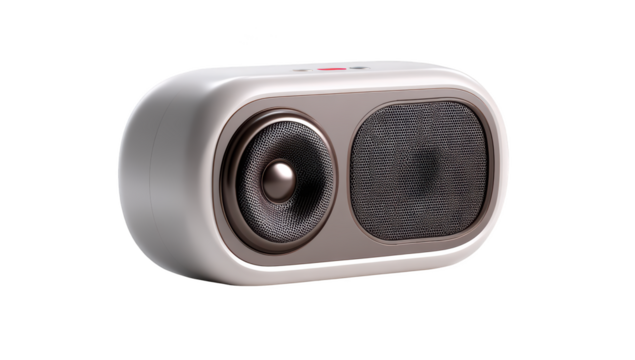 Portable white speaker with two drivers. Rounded edges. Brown accents. Sleek design