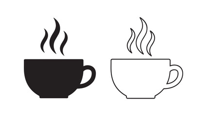 Coffee cup icons with steam, black and outline