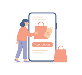 Flat vector mobile onboarding illustration pastel colors character buying product on smartphone screen shopping bag and price tag visible minimal ui onboarding style isolated on white