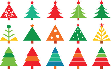 Colorful geometric christmas trees with stars on a white background